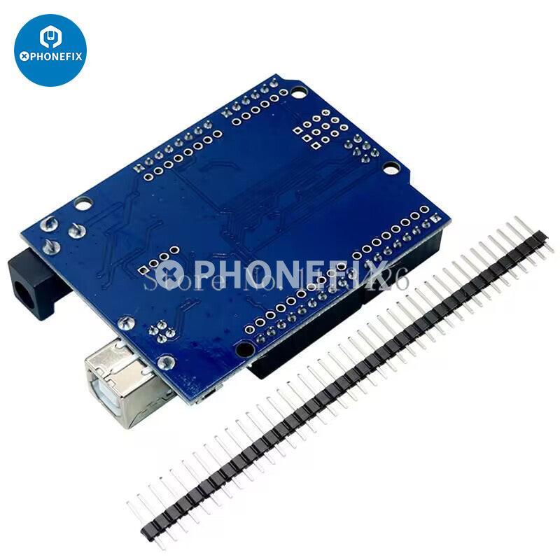 UNO R3 development board with ATmega328P microcontroller and cable, designed for phone unlocking tools by PHONEFIX.