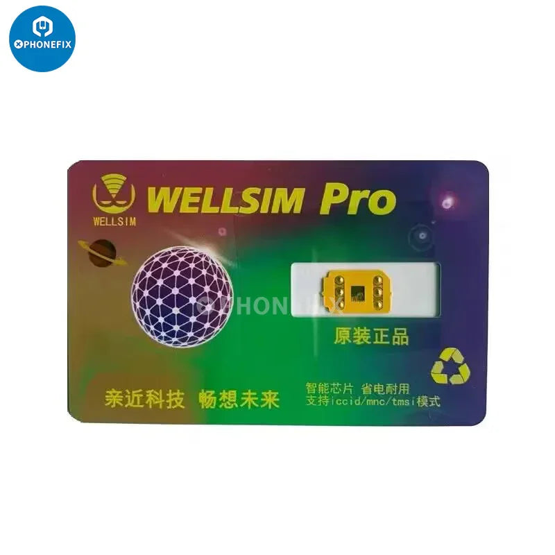 Tarjeta de desbloqueo PHONEFIX WELLSIM Pro para iPhone, utilizada para solucionar problemas de operador de SIM inválido con herramientas de desbloqueo de teléfono.