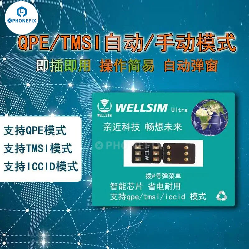 Tarjeta de desbloqueo WELLSIM Pro de PHONEFIX para iPhone, diseñada para resolver problemas de operador de SIM inválido, mostrando la tarjeta y el embalaje.