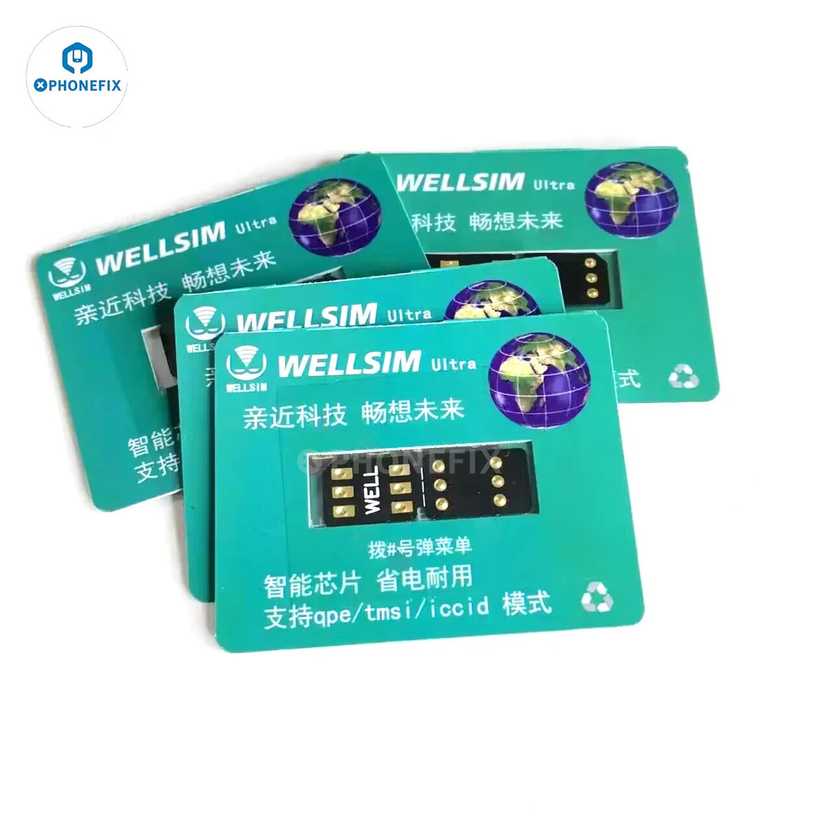 Tarjeta de desbloqueo WELLSIM Pro de PHONEFIX para iPhone, que soluciona problemas de operador de SIM inválido, mostrada sobre un fondo blanco.