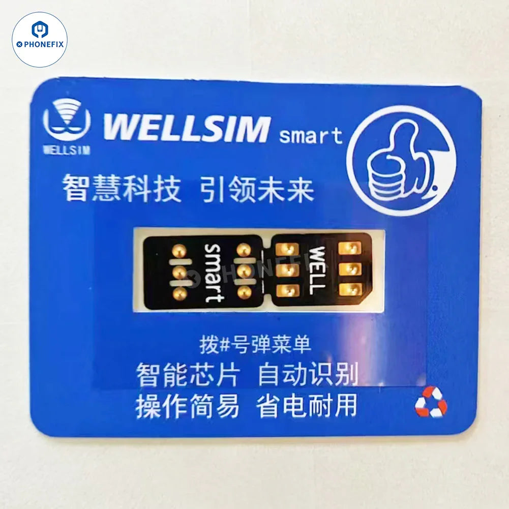 PHONEFIX Wellsim smart SIM unlocking card for iOS 18 iPhone XR to Pro Max, shown on a white background with card and packaging.