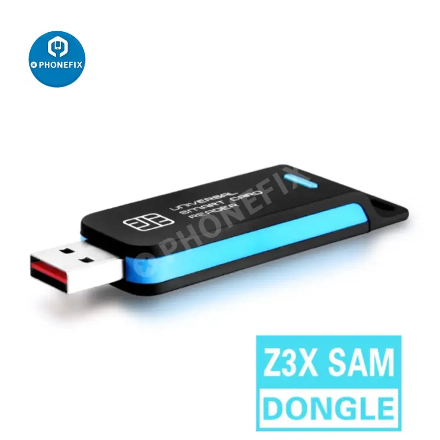 Z3X Sam Pro Dongle for Samsung phone unlocking, flashing, and repair by PHONEFIX, shown with the device and connecting cables.