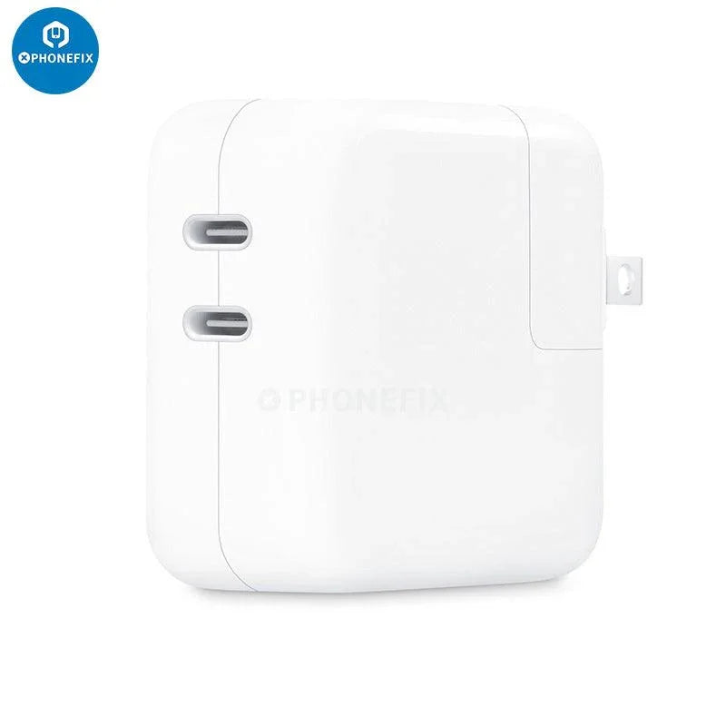 PhoneFIX 35W dual USB-C port compact power adapter for iPhone and MacBook charging, shown with ports and sleek design.