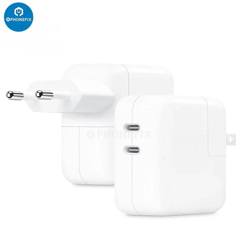 PHONEFIX 35W dual USB-C port compact power adapter for iPhone and MacBook, shown with ports and sleek design.