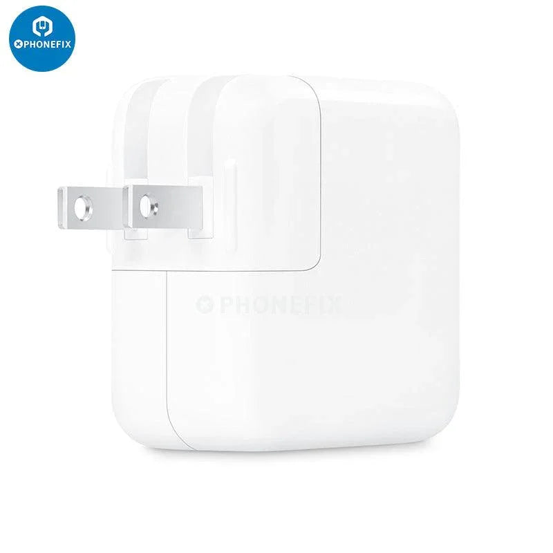 PHONEFIX 35W dual USB-C port compact power adapter for iPhone and MacBook, shown with charging ports and sleek design.