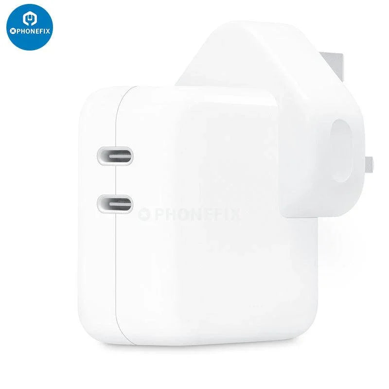 PhoneFIX 35W dual USB-C port compact power adapter for iPhone and MacBook, shown with charging ports and sleek design.