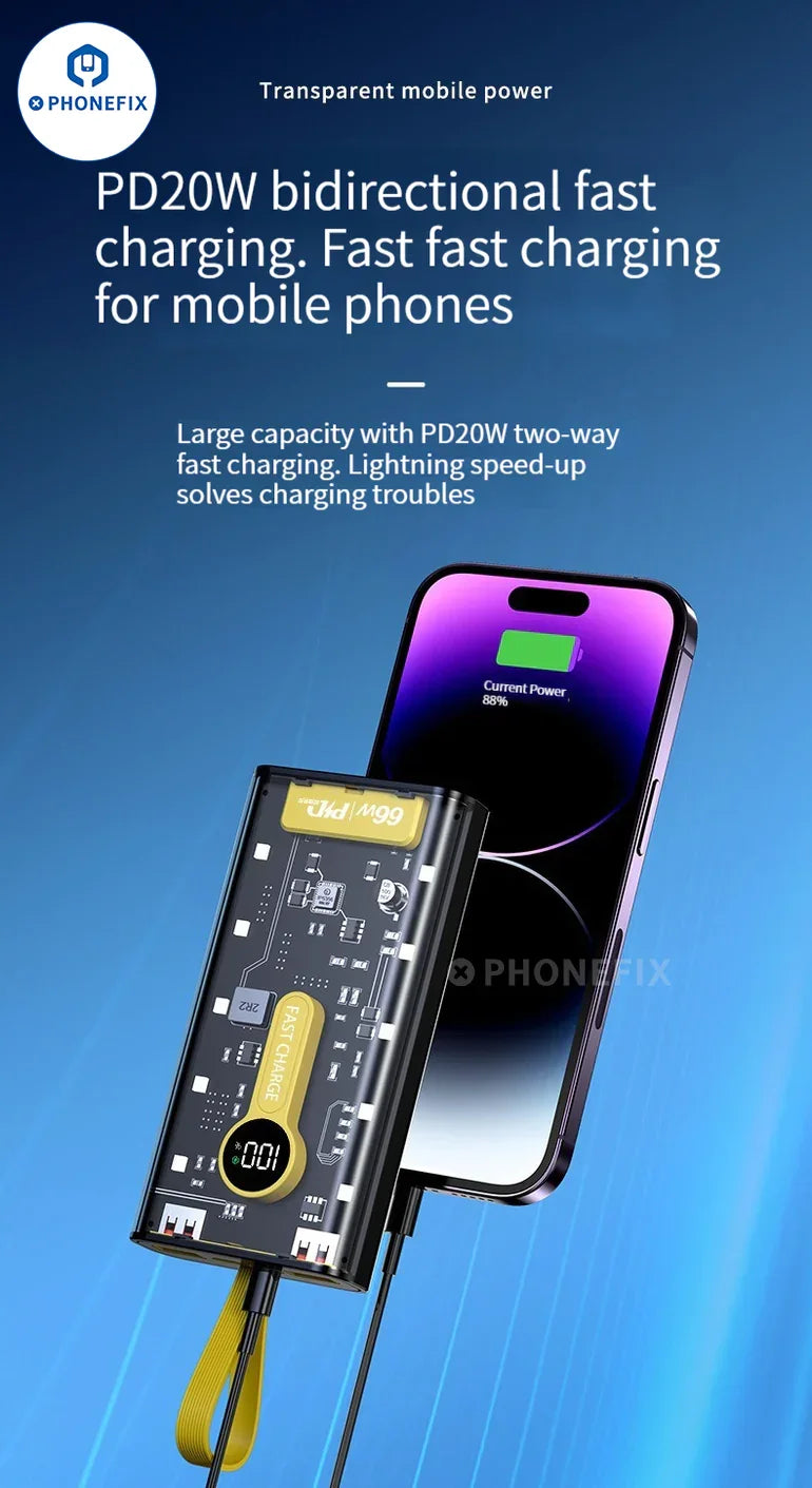 Transparent PHONEFIX 66W super fast charging 20000mAh portable power bank for phone USB charging with digital display