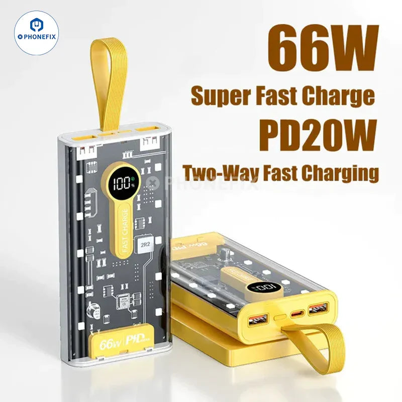 Transparent PHONEFIX 66W super fast charging portable power bank with 20000mAh capacity for phone USB charging.