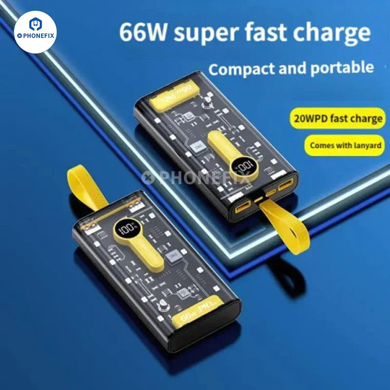 Transparent PHONEFIX 66W super fast charging portable power bank with 20000mAh capacity and USB phone charging port.