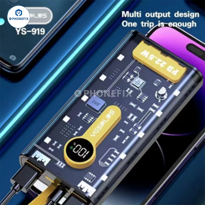 Transparent PHONEFIX 66W super fast charging 20000mAh portable power bank with USB phone charging port.