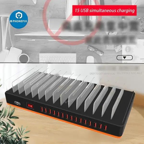PhoneFIX 15-port USB charging station organizer with multiple phone, tablet, and laptop charging ports for efficient device management.