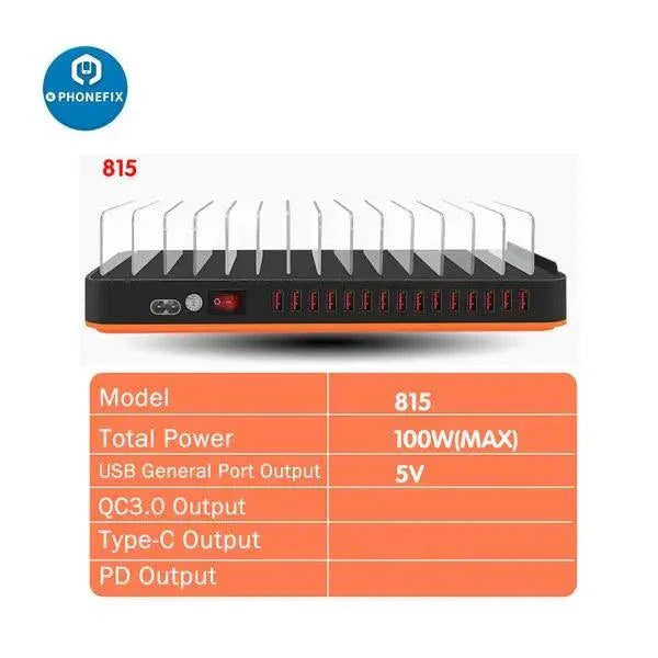 PHONEFIX 15-port USB charging station organizer for phones, tablets, and laptops, with multiple USB ports for convenient device charging.