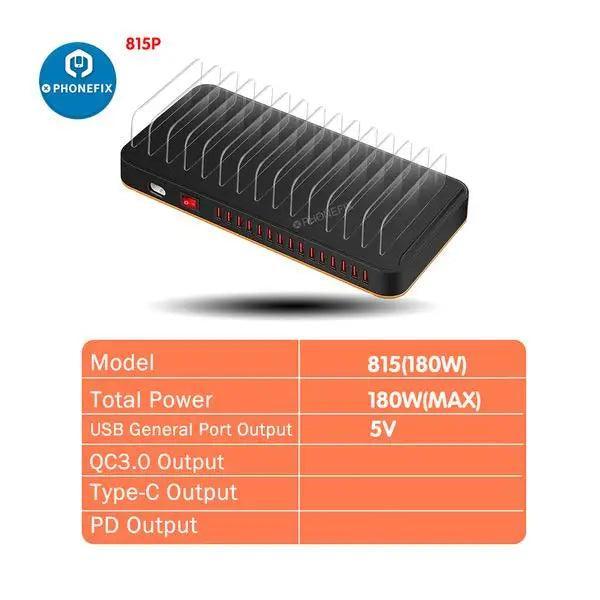 PHONEFIX 15-port USB charging station organizer with multiple USB ports for phones, tablets, and laptops, keeping devices charged and organized.