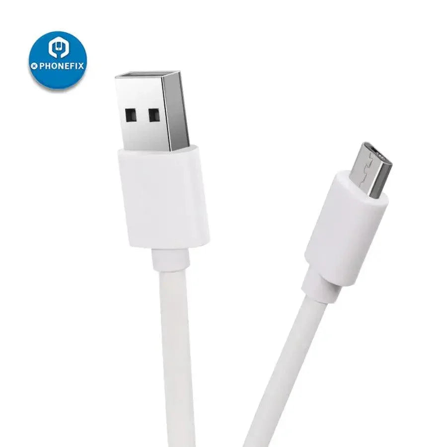 PhoneFIX 2.1A Micro USB charging cable for Huawei and Xiaomi phones, with durable connector for fast data transfer and charging.