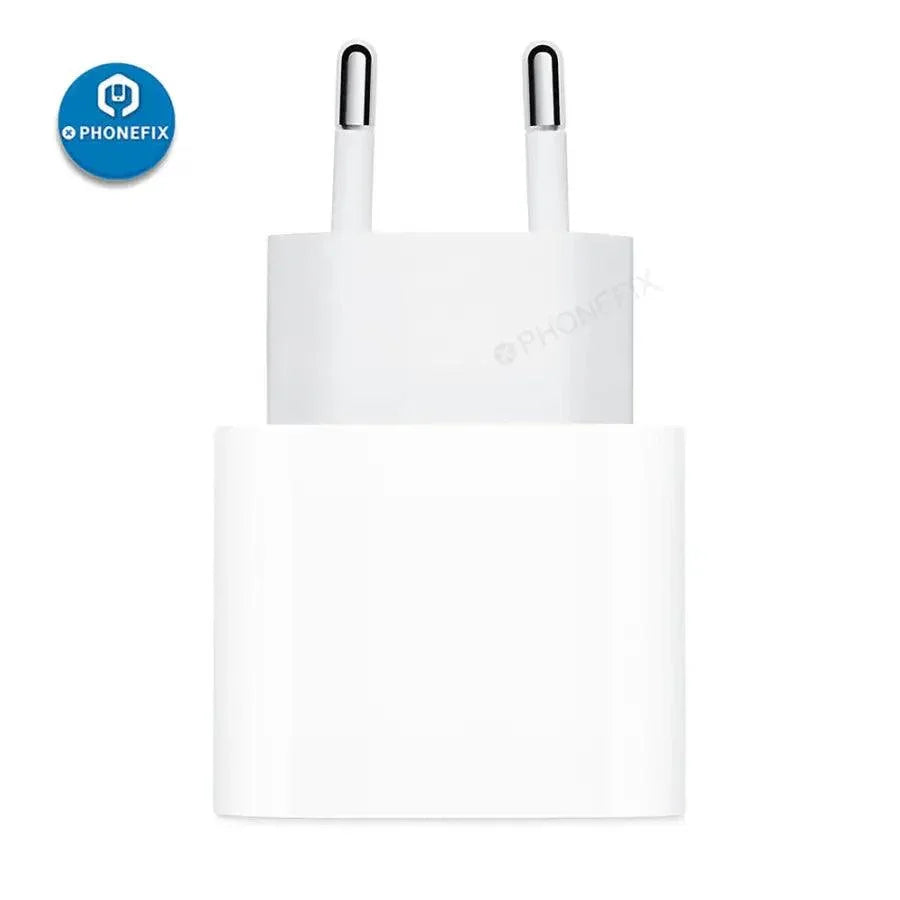 PhoneFIX 20W USB-C power adapter for Apple Type-C devices, compact charger for fast phone charging, black plastic design.