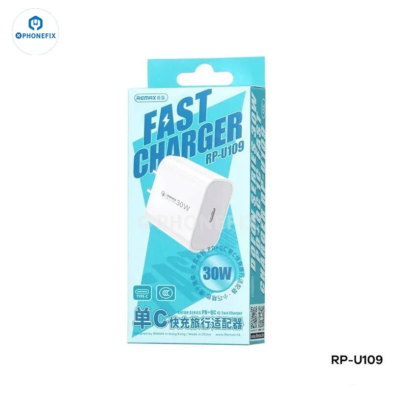 PHONEFIX Remax 30W PD+QC fast charger Type-C power adapter for phone USB charging, compact and efficient charging device