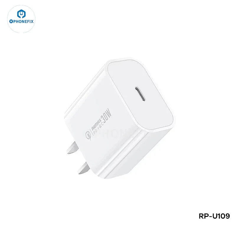 PHONEFIX Remax 30W PD+QC fast USB Type-C phone charger adapter connected to a smartphone.