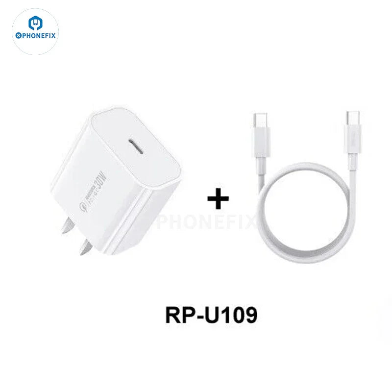 Remax 30W PD+QC fast charger phone USB Type-C power adapter, compact and efficient for quick charging.