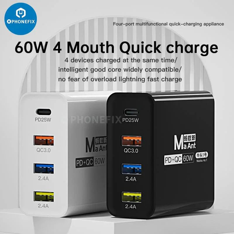 PHONEFIX MaAnt Niutou No.1 60W 4-Port USB quick charger for phones and tablets, black multi-port phone USB charging device.