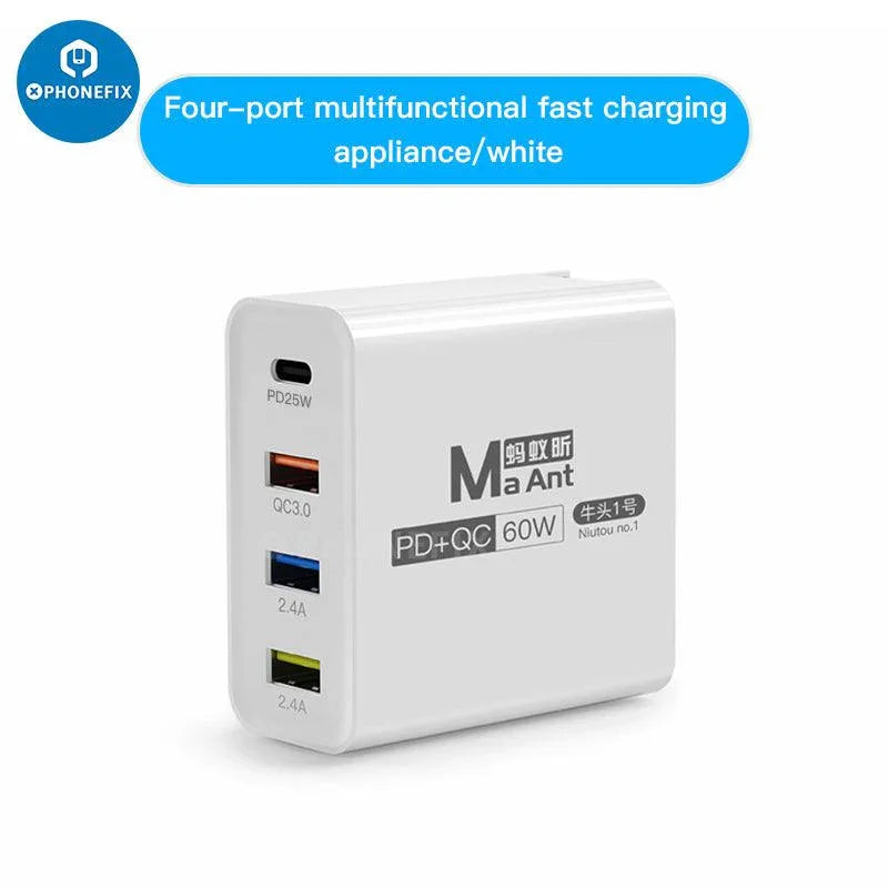 PHONEFIX MaAnt Niutou No.1 60W 4-Port USB quick charger for phones and tablets, black USB charging device with multiple ports.