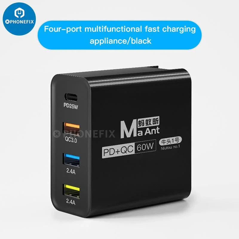 PHONEFIX MaAnt Niutou No.1 60W 4-Port USB quick charger for phones and tablets, black, with multiple USB ports for fast charging.