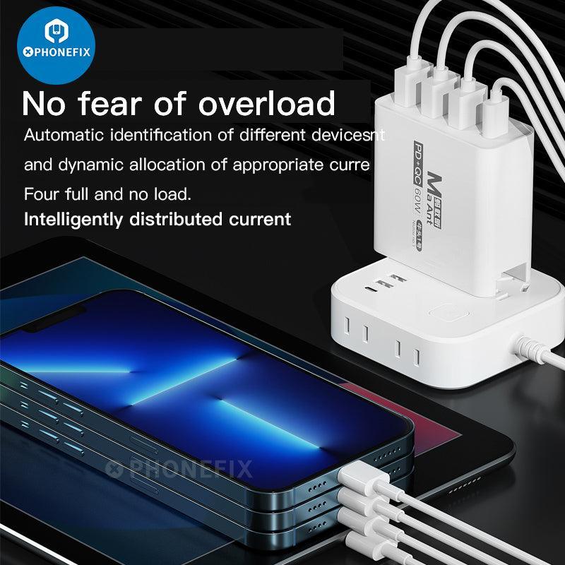 Black PHONEFIX MaAnt Niutou No.1 60W 4-port USB quick charger for phones and tablets, showing four USB ports and compact design.