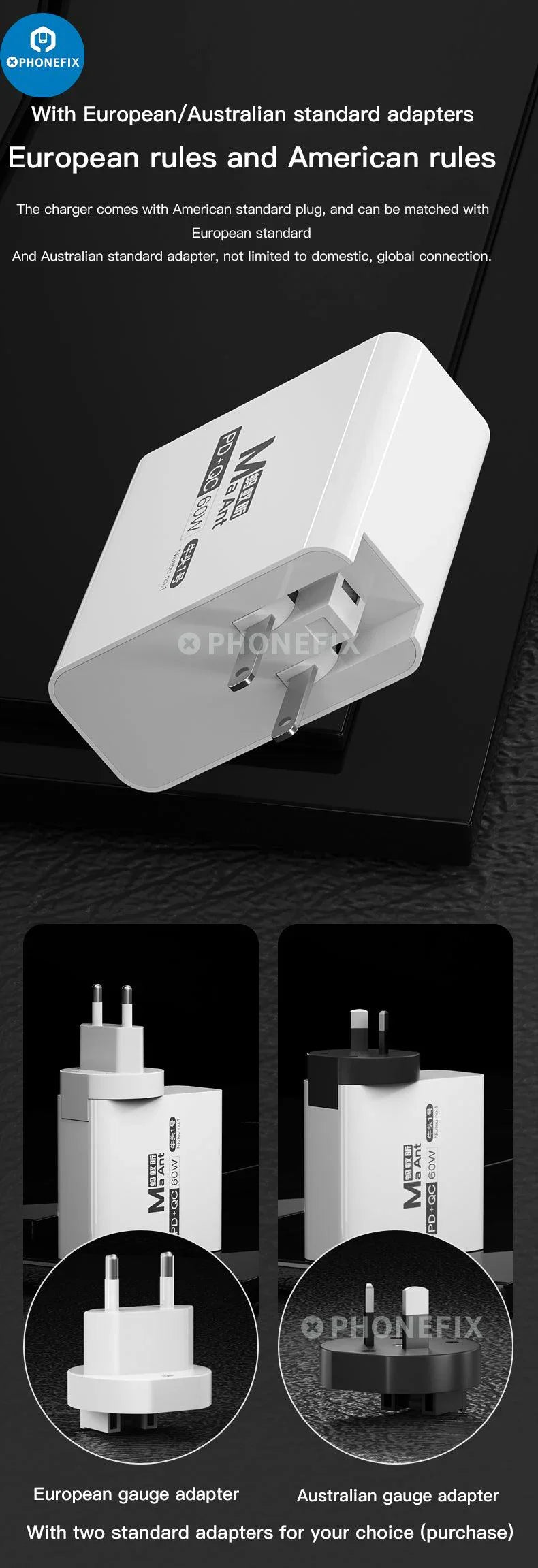 PHONEFIX MaAnt Niutou No.1 60W 4-Port USB quick charger for phones and tablets, black, with multiple charging ports.