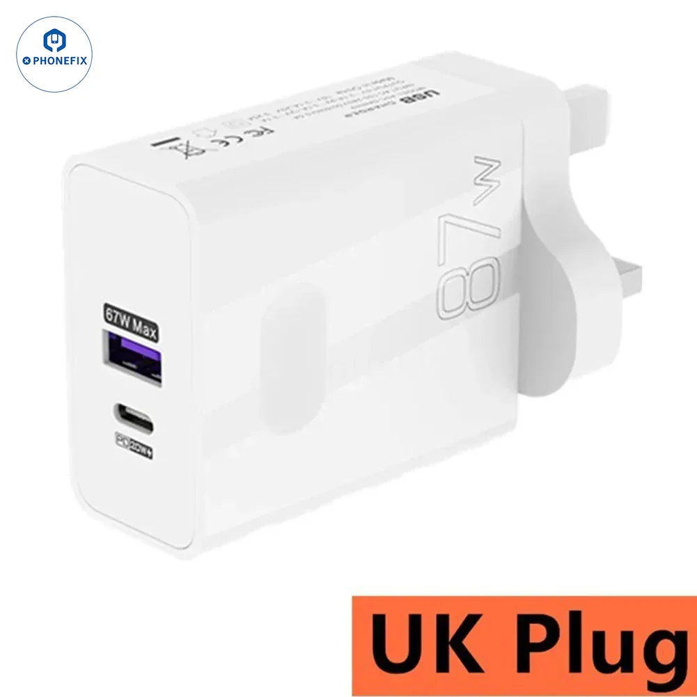 PHONEFIX 87W full protocol super fast USB dual charger adapter for phone charging, with two USB ports and compact UK plug design.