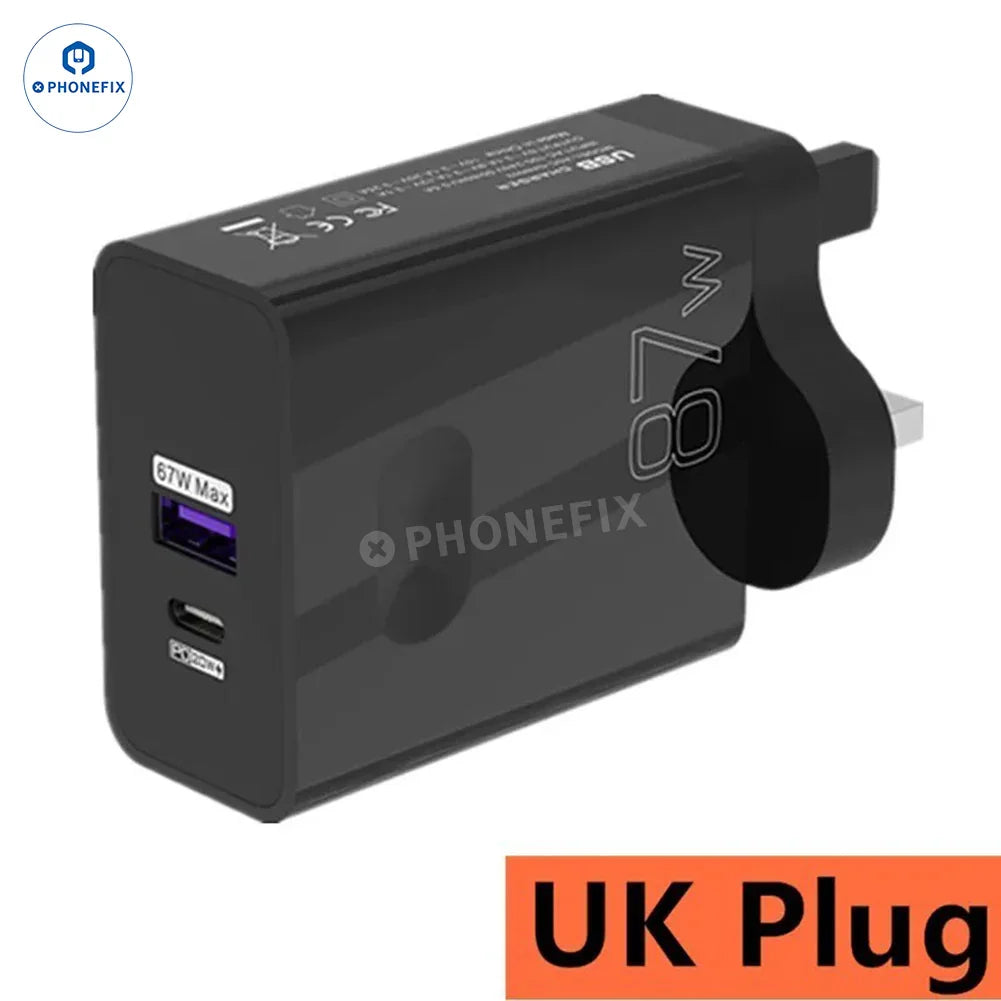 PHONEFIX 87W USB dual fast charger adapter for phone charging, compact design with full protocol super fast charging capabilities.