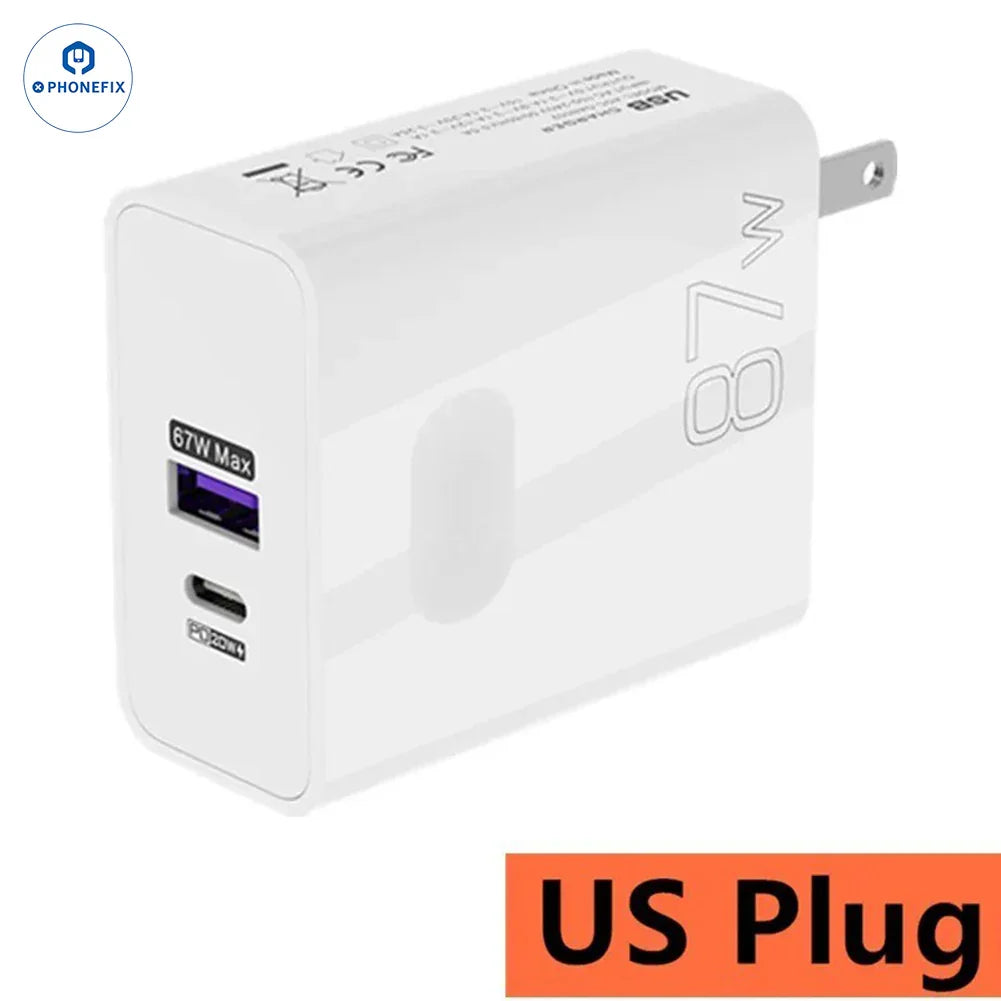 PHONEFIX 87W full protocol super fast USB phone charger adapter with dual charging ports, US plug for quick device charging.