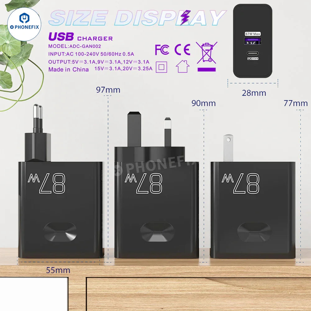 PHONEFIX 87W USB dual fast charger adapter for phone charging, featuring a compact design and multiple USB ports.
