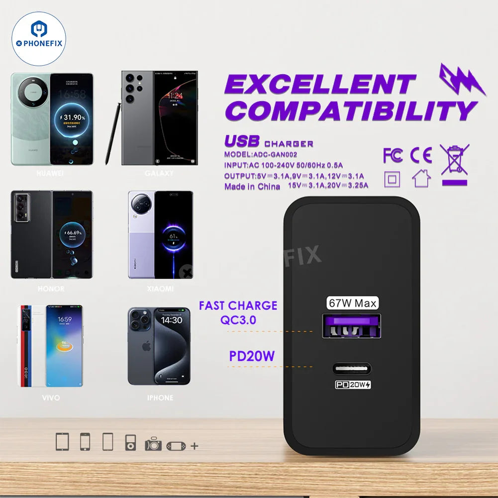PHONEFIX 87W full protocol USB dual fast charger adapter for phone charging, featuring two USB ports and a compact design.
