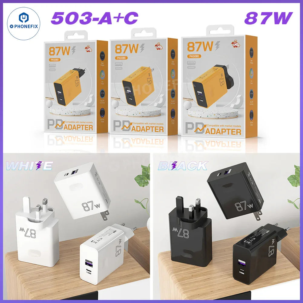 PHONEFIX 87W full protocol super fast USB charger adapter with dual USB ports for quick phone charging.