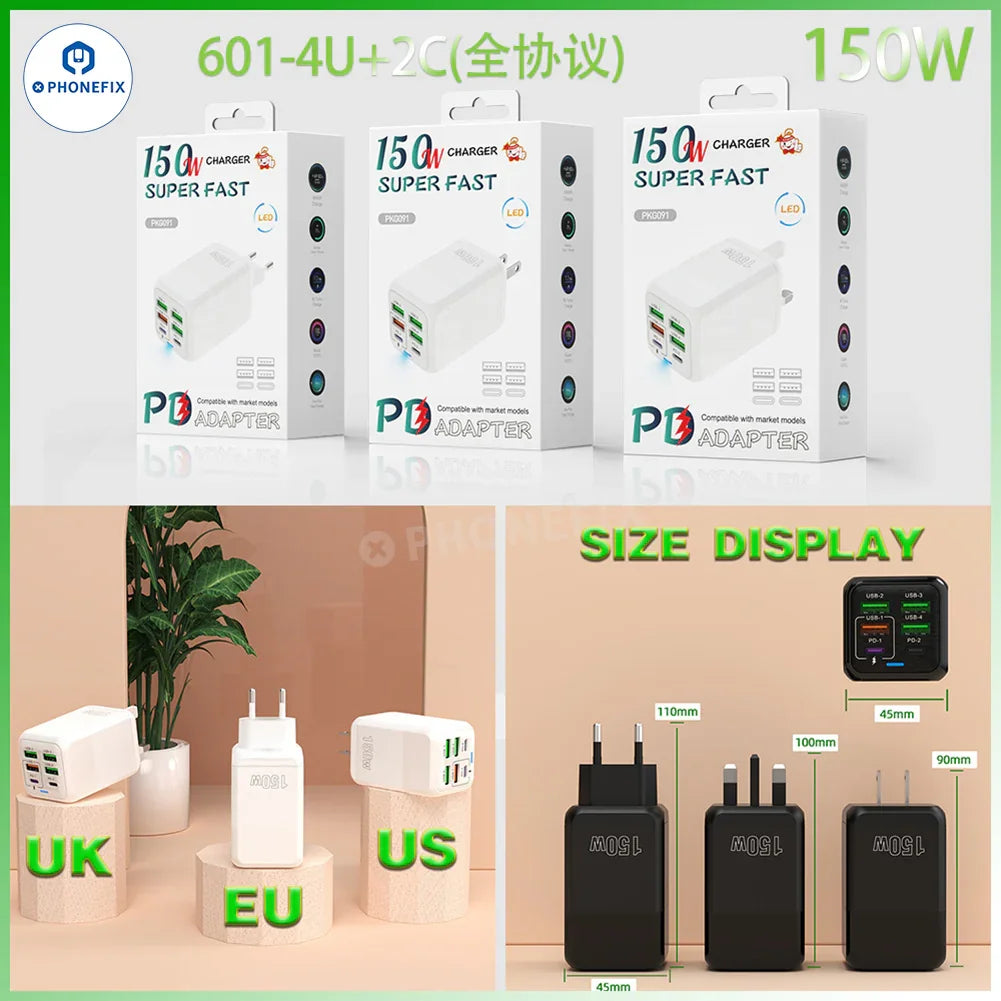 PHONEFIX 150W multi-port fast USB charger adapter with multiple ports, compact portable design, black travel phone charging device