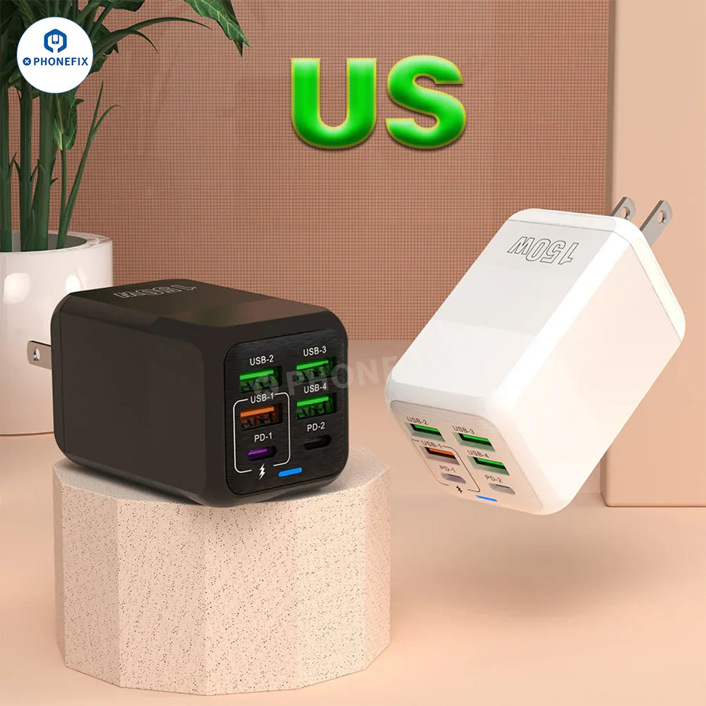 PhoneFIX 150W multi-port USB fast charger adapter with multiple ports, black portable travel phone USB charging device