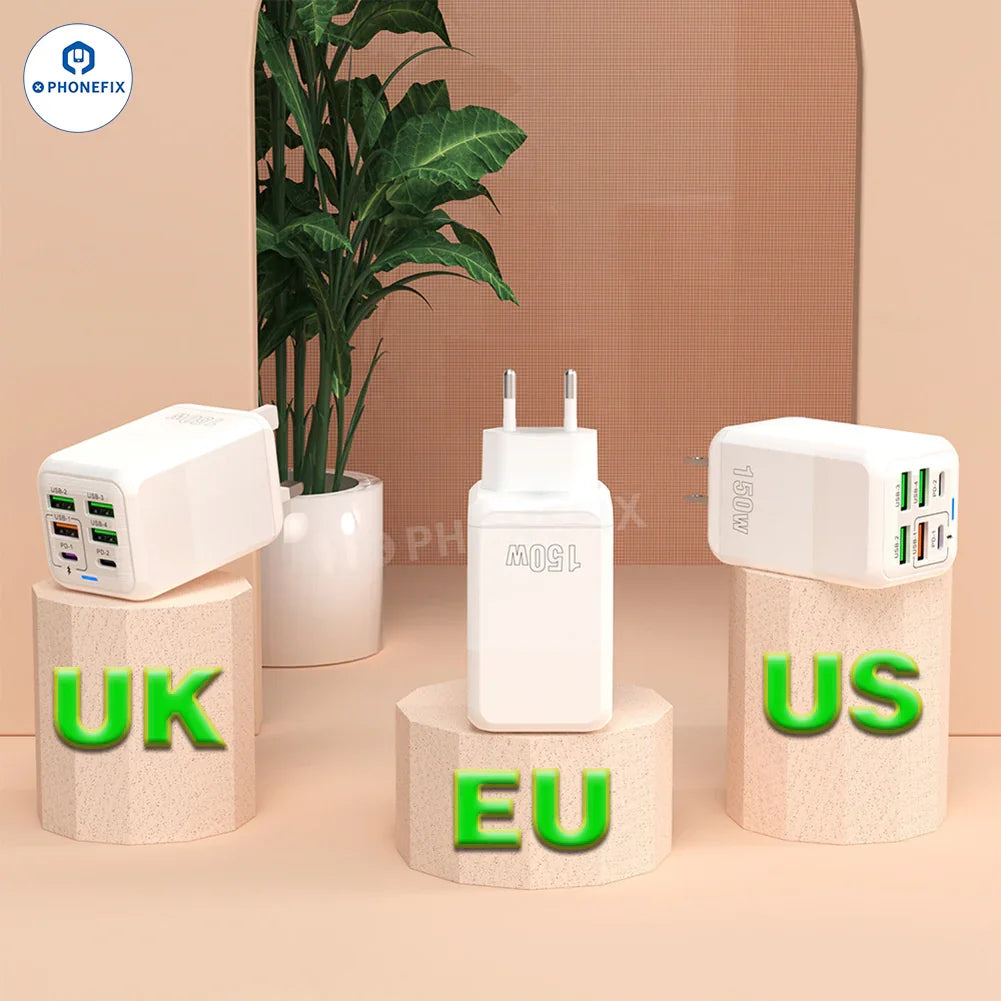 PhoneFIX 150W multi-port fast charger adapter with multiple USB ports, black portable travel phone USB charging device.