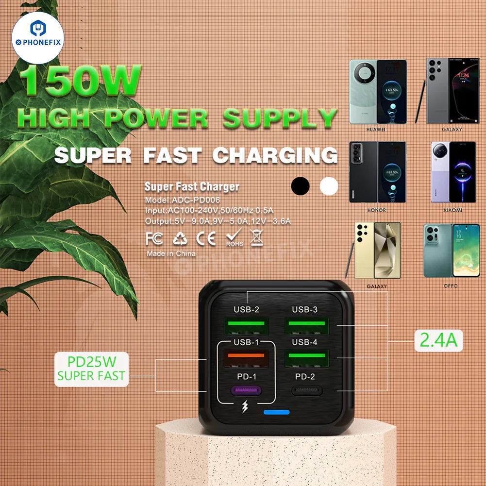 PhoneFIX 150W multi-port fast charger adapter with multiple USB ports, black portable travel phone USB charging device.