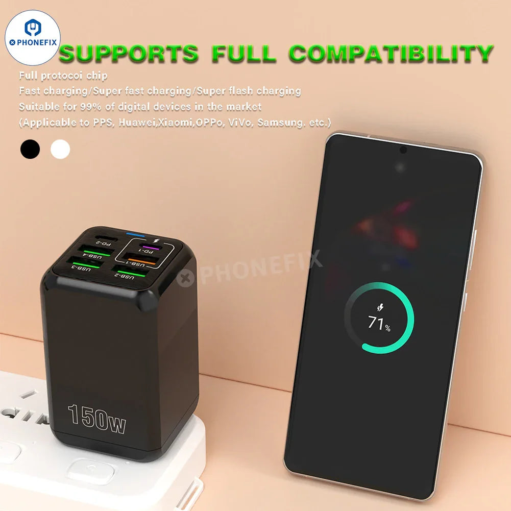 PhoneFIX 150W multi-port fast charger adapter with USB ports, black portable travel phone USB charging device.