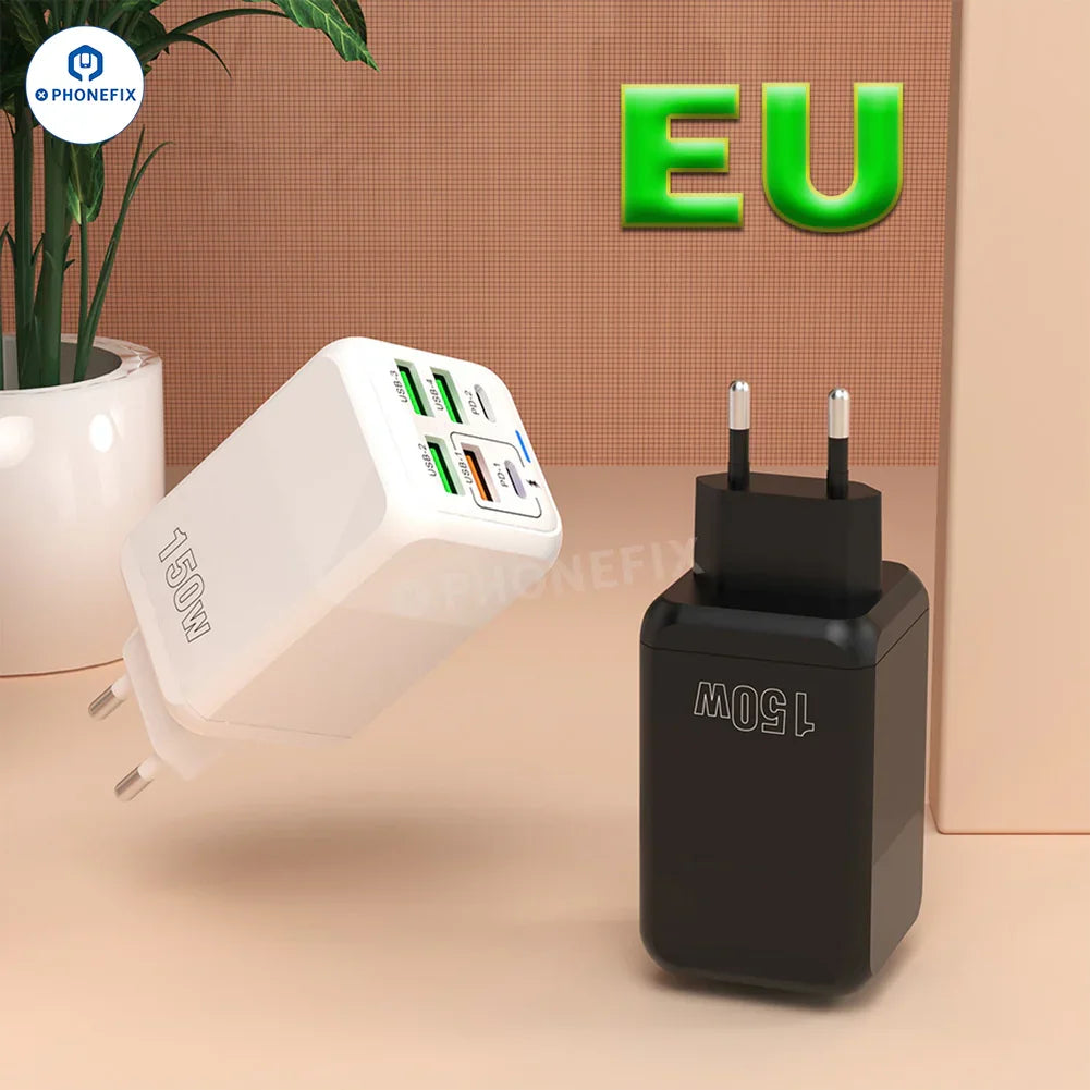 PhoneFIX 150W multi-port fast charger adapter with multiple USB ports, black portable travel phone USB charging device.