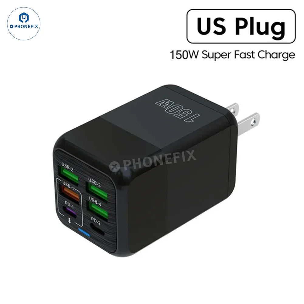 PhoneFIX 150W multi-port fast charger adapter with multiple USB ports for phone charging, portable travel USB charger in black.