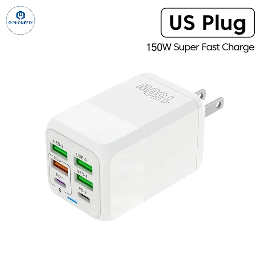 PHONEFIX 150W multi-port USB fast charger adapter with US plug for portable phone charging and travel convenience.