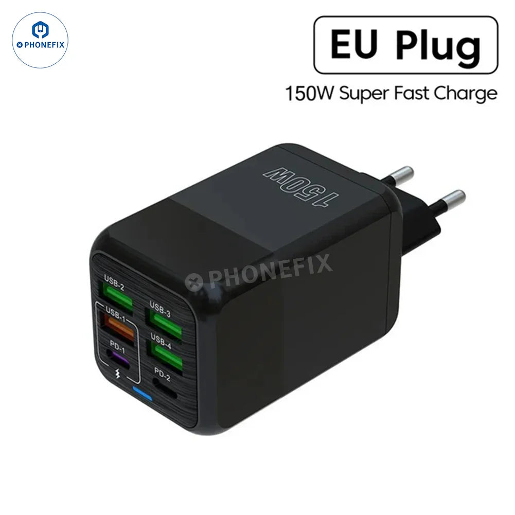 PHONEFIX 150W multi-port USB fast charger adapter with multiple ports, black portable travel phone USB charging device.