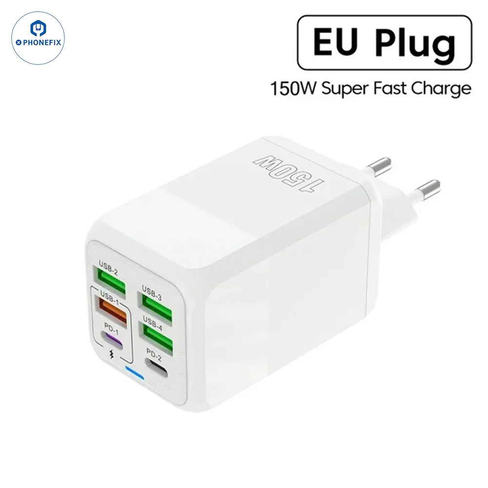 PhoneFIX 150W multi-port fast charger adapter for phones, black portable travel USB charger with multiple charging ports.