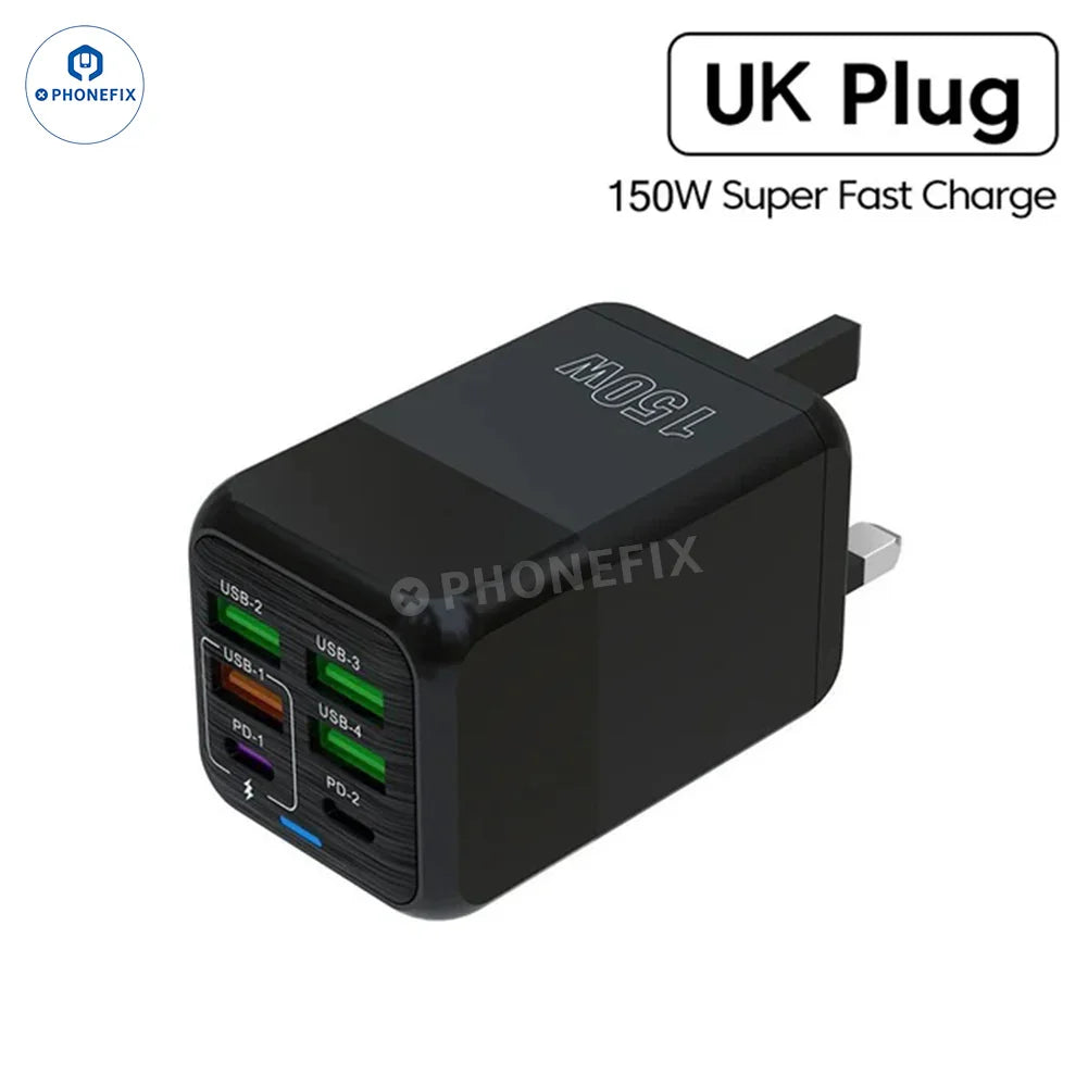 Black PHONEFIX 150W multi-port USB fast charger adapter with multiple charging ports for travel and phone charging.
