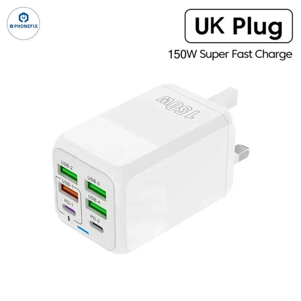 PhoneFIX 150W multi-port fast charger adapter for phones, black portable travel USB charger with multiple charging ports.