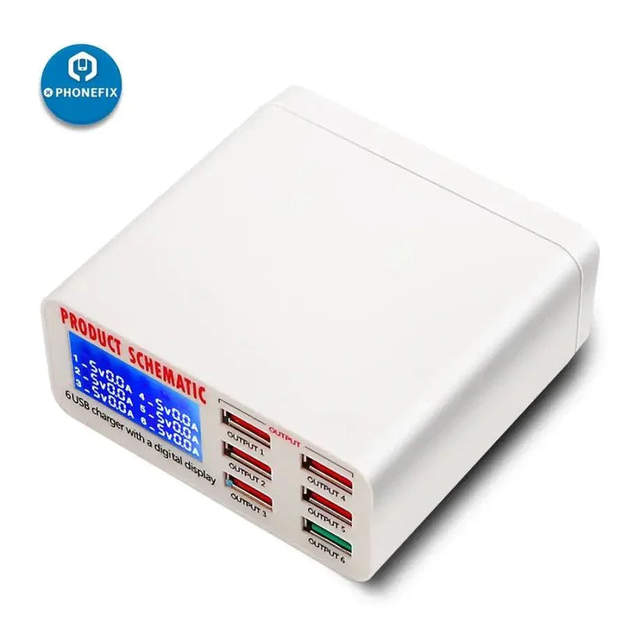 PHONEFIX multiport USB charge station with fast charging ports for iPhone and iPad, compact phone USB charging hub.