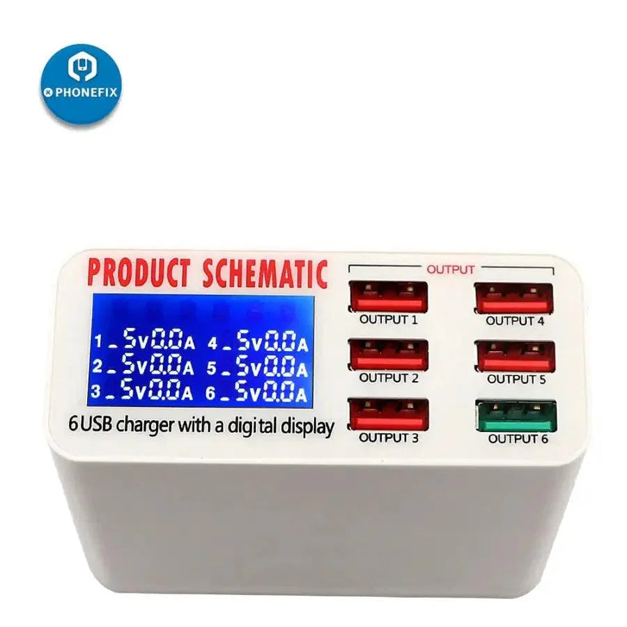 PHONEFIX multiport USB charging station with fast charger, multiple USB ports, for iPhone and iPad, on a power hub.