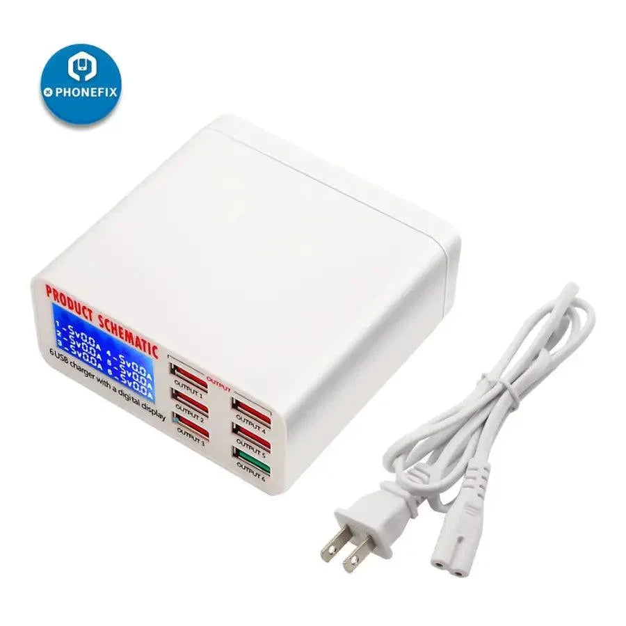 PHONEFIX multiport USB charging station with fast charger for iPhone and iPad, featuring multiple USB ports and a compact design.