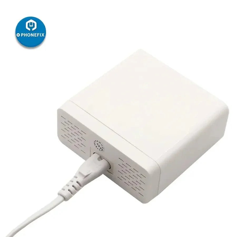 PhoneFIX multiport USB charging station with fast charger for iPhone and iPad, featuring multiple USB ports and sleek design.
