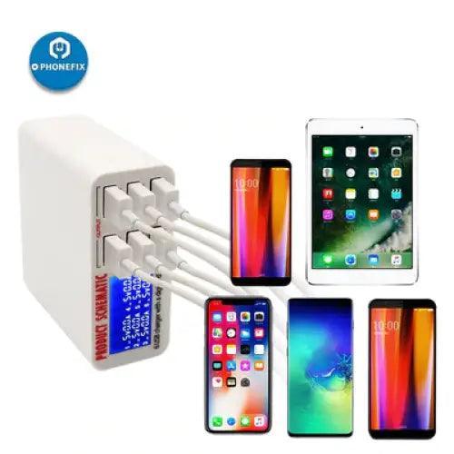 PHONEFIX 6-port USB charging station with digital display, designed for multiple phones and devices, compact and easy to use.
